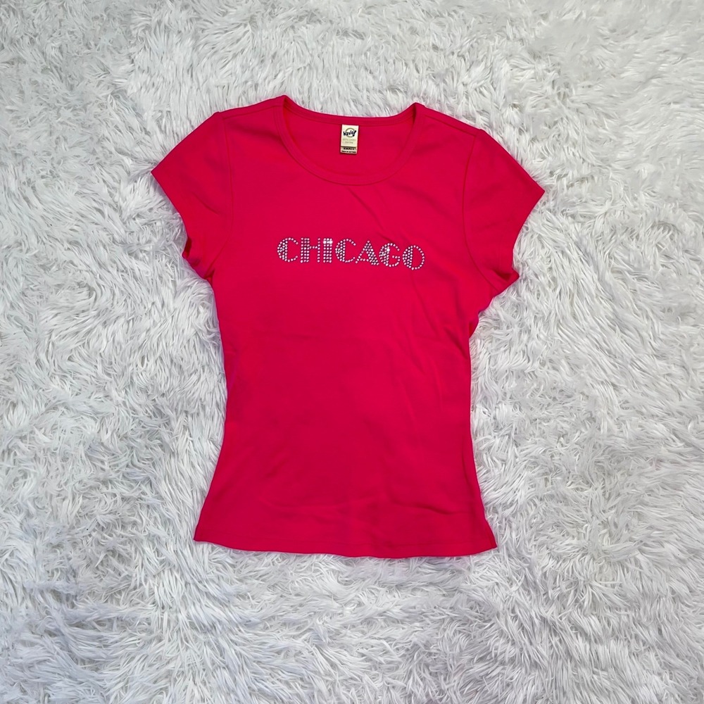 y2k hot pink chicago rhinestone baby tee small